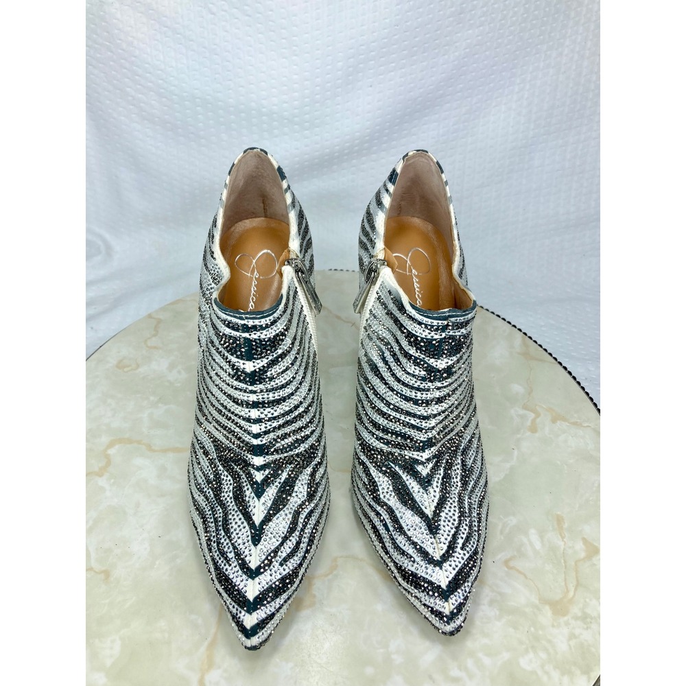 Jessica Simpson Rhinestone Ankle Booties Women 6 Silver Black Zebra Luela2 Shoes - Picture 4 of 14